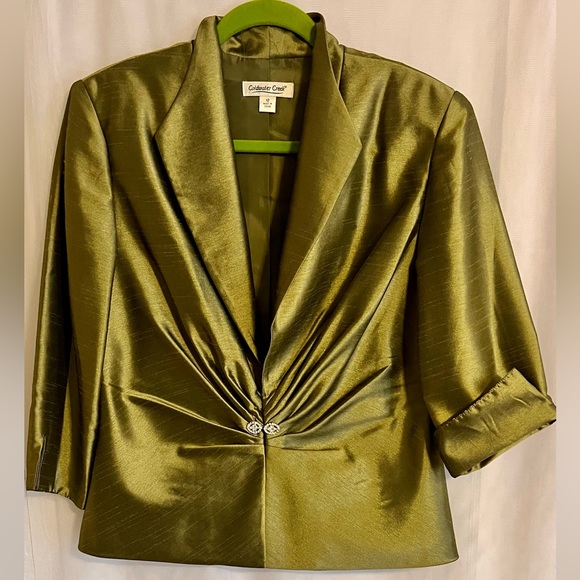 🍾Silk Jacket, rhinestone clasp, chartreuse, size 12 fitted jacket. - Picture 1 of 6
